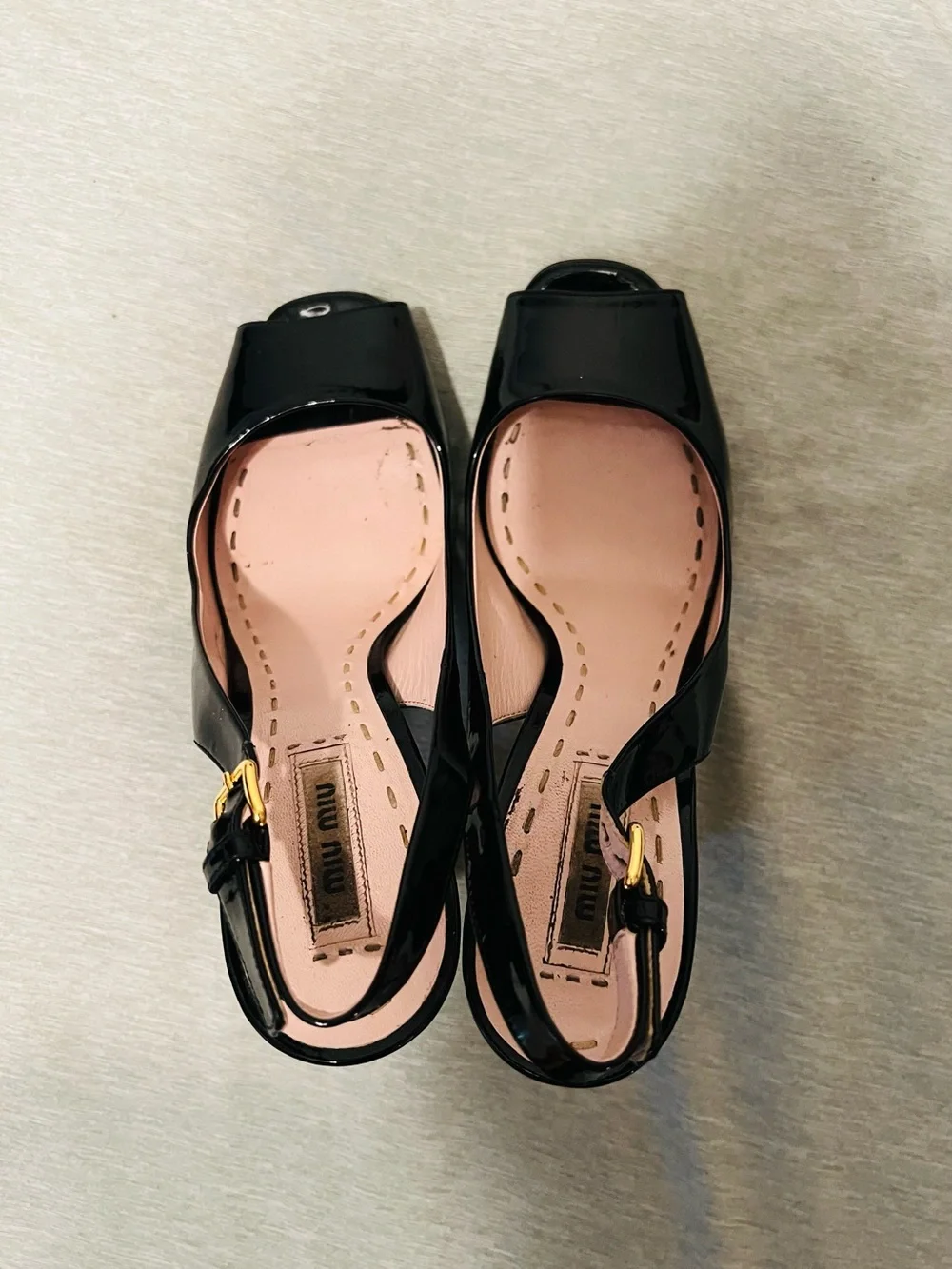 Miu Miu Black Patent Platform Slingback Heels with Pink Trim